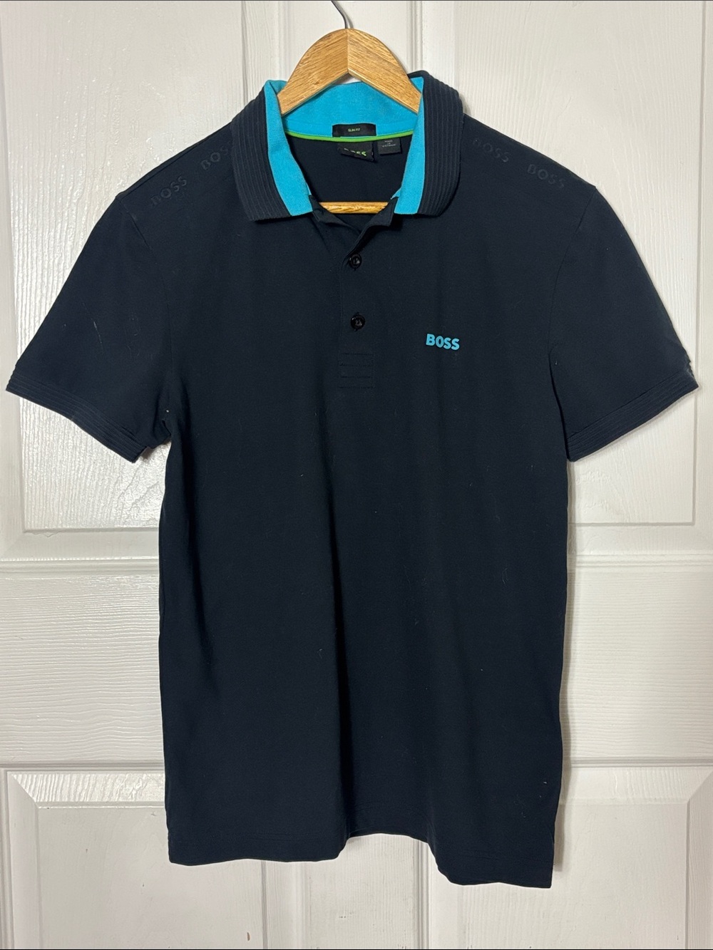BOSS Navy Slim Fit Polo with Turquoise Collar and Logo Cotton Stretch